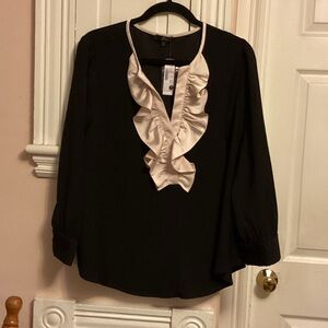 J. Crew Black and Cream Ruffled Bib Collar Blouse